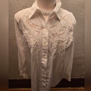 Vintage Nonpareil Sheer Embroidered Blouse Ivory • Romantic Western Lace Top L